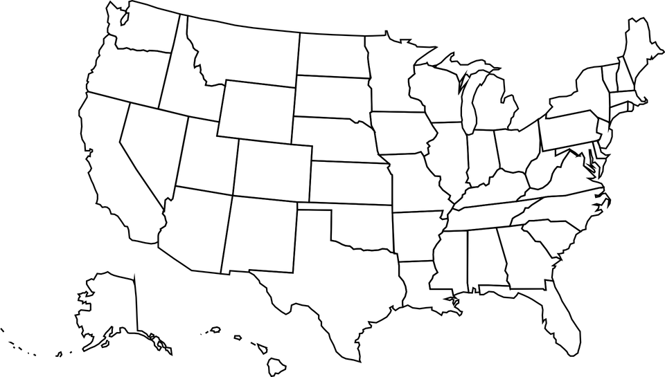 A map of the United States of America. Black state outlines on a white background with red pins on Texas, Ohio, Georgia, Florida, Louisiana and New Jersey.